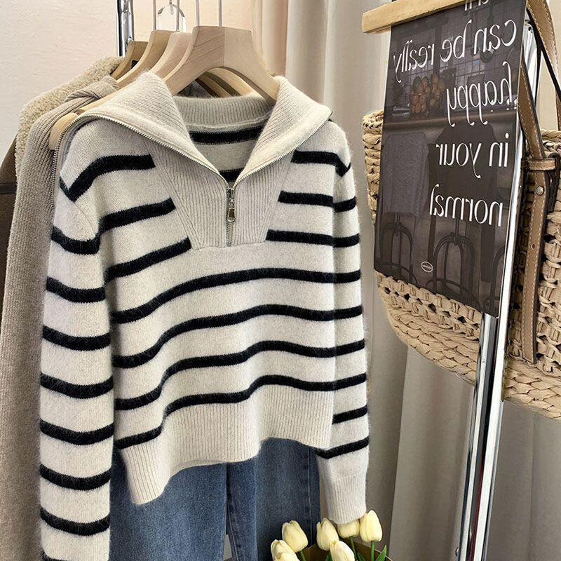 Women's Striped Zipper Knitted Knitwear Sweater Pullover Autumn Winter Clothes Loose Long Sleeved Sweater Korean Style 2023
