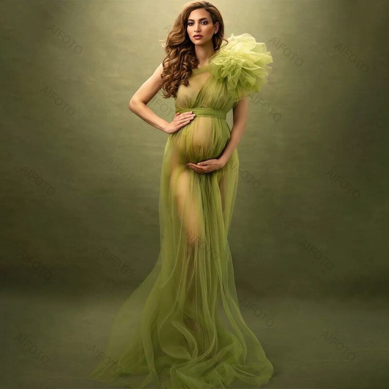 Sukienka ciążowa sesja zdjęciowa na jedno ramię tiulowa seksowna fotografia kobiet w ciąży sukienka z wysokim rozciętem, długa suknia z siateczką z falbanami