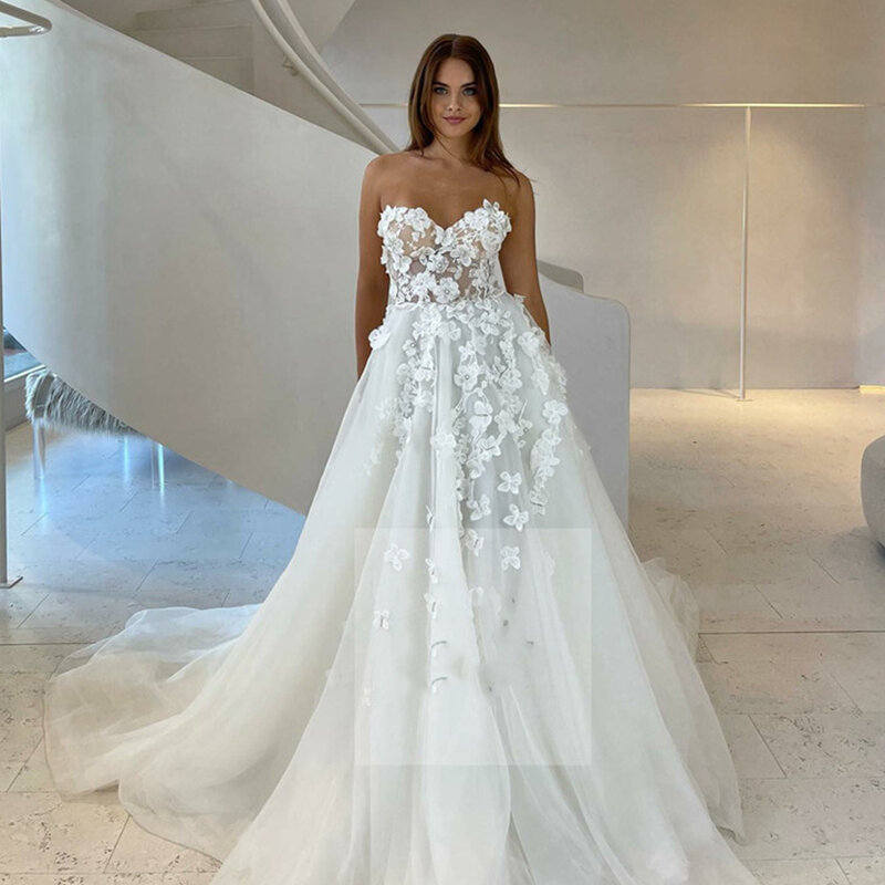 3D Lace Flowers Wedding Dresses A Line Beach Sweetheart Neck Bride Dress Appliqued Customize To Measure Robe De Mariee Stunning