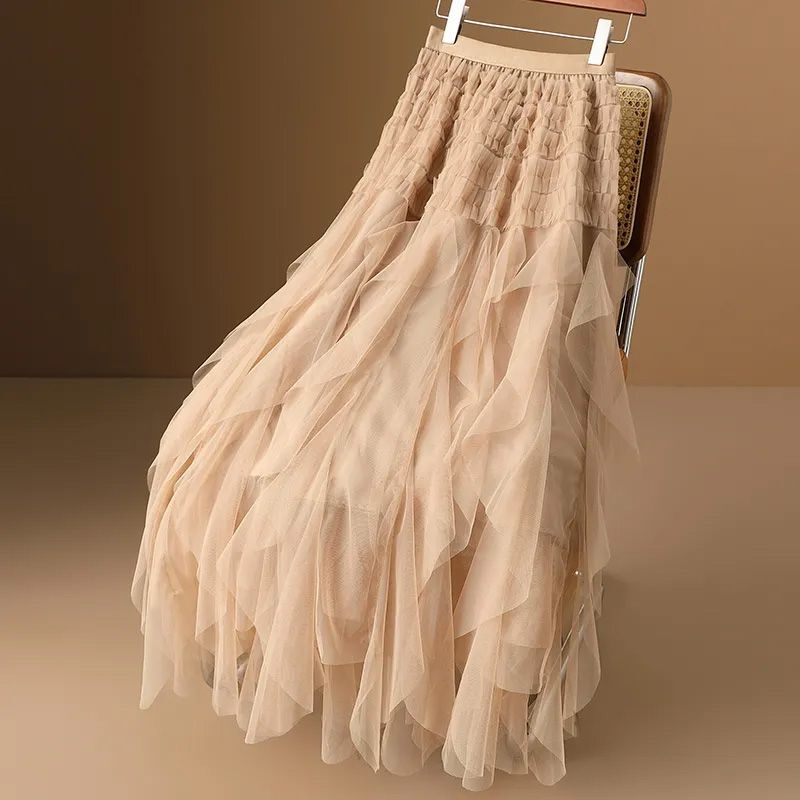 2024 Spring/Summer Korean Edition New Irregular Mesh Cake Skirt with 100 Pleats Fashion Slim Fit Half Skirt