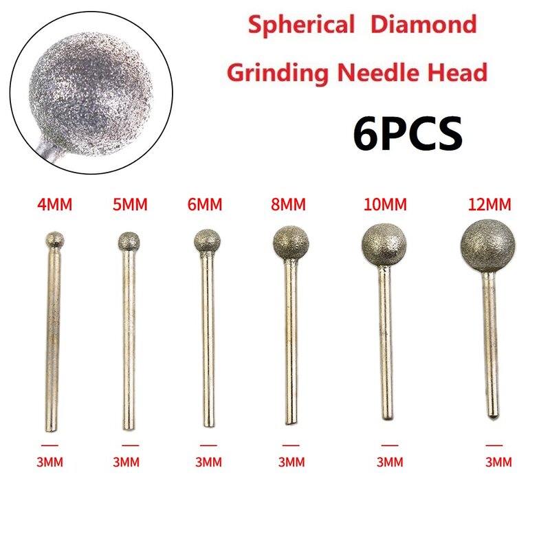 Cabezal de aguja de pulido de 6 piezas, broca de bola redonda de diamante para tallado, grabado, perforación, 4-12mm, gemas de vidrio, herramientas eléctricas