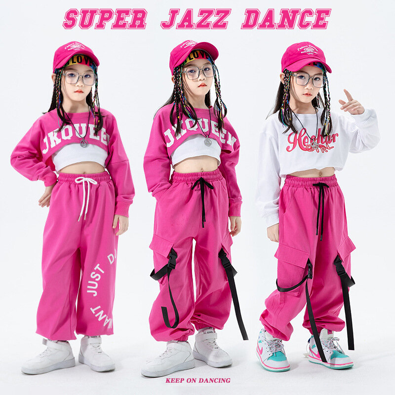 2023 trajes de dança jazz hip hop crianças manga longa rosa superior colete calças meninas hiphop roupas dança rua palco mostrar wear dnv10416