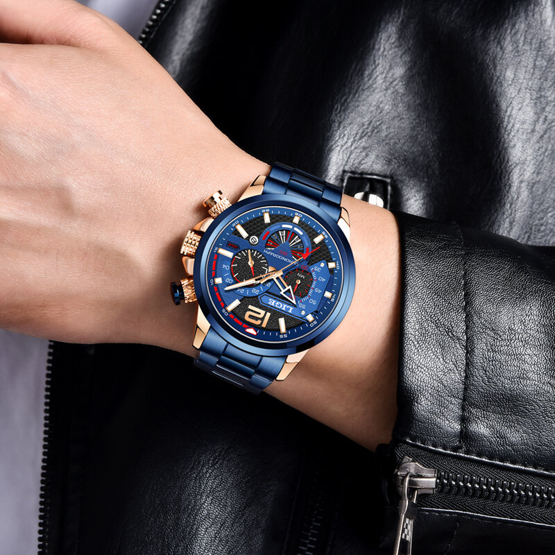 LIGE นาฬิกาผู้ชายหรูหราคลาสสิกควอตซ์นาฬิกา Chronograph กีฬาวันที่กันน้ำนาฬิกาข้อมือนาฬิกาผู้ชาย