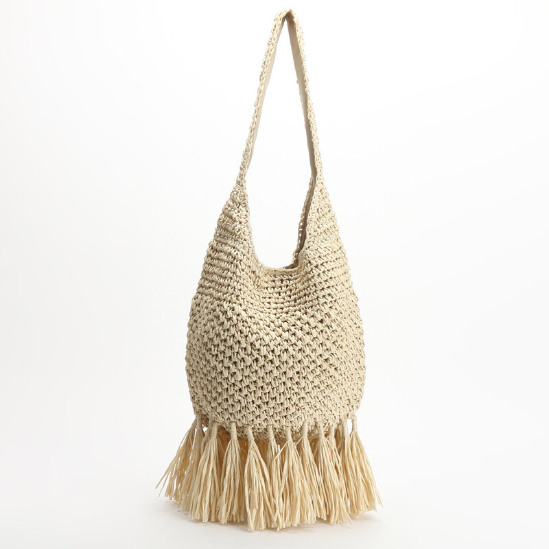 Bolso de paja con borlas para mujer, hecha a mano bandolera de hombro de papel, de diseñador de lujo, tejido de ratán, para playa y verano