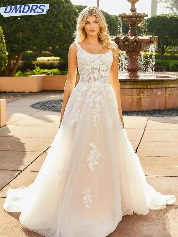 Encantador vestido de casamento Spaghetti Strap, Appliqued simples, Backless, até o chão, vestido de noiva, 2022