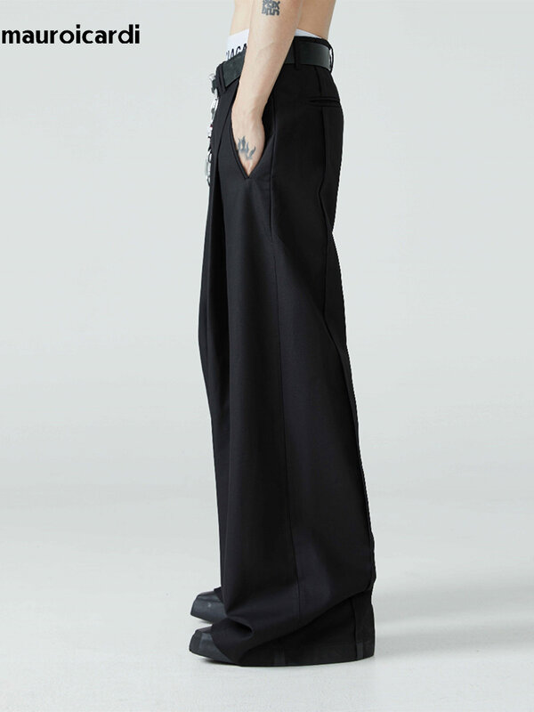 Mauroicardi wiosenne jesienne z długim rękawem luźne luźne w stylu Casual miękkie czarne spodnie z plisowane szerokie nogawkami męskie luksusowy projektant odzież Emo 2024