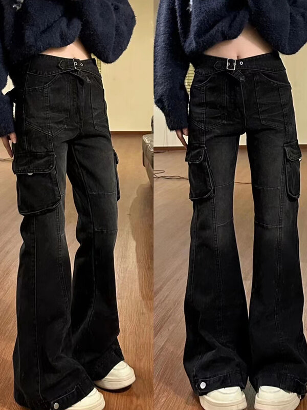 Женские облегающие джинсы-клеш, черные джинсы с множеством карманов, в американском стиле ретро, Gyaru, 2000