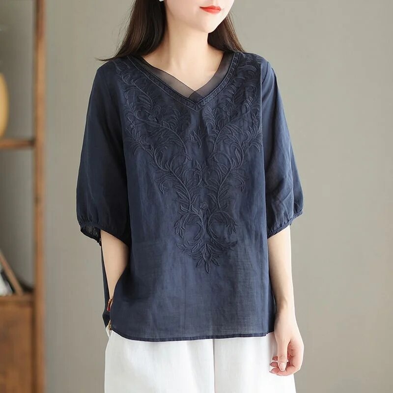 Retro Cotton Linen Shirt Women's Summer New Loose Casual All-match V-Neck Thin Embroidered Mid Sleeved T-Shirt Female Top 4XL