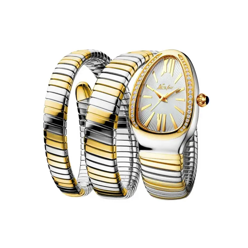 Dropshipping นาฬิกาควอตซ์แฟชั่นเพชรส่องแสงสำหรับผู้หญิงดีไซน์งูสร้อยข้อมือสามห่วงนาฬิกาทอง relojes Para mujer