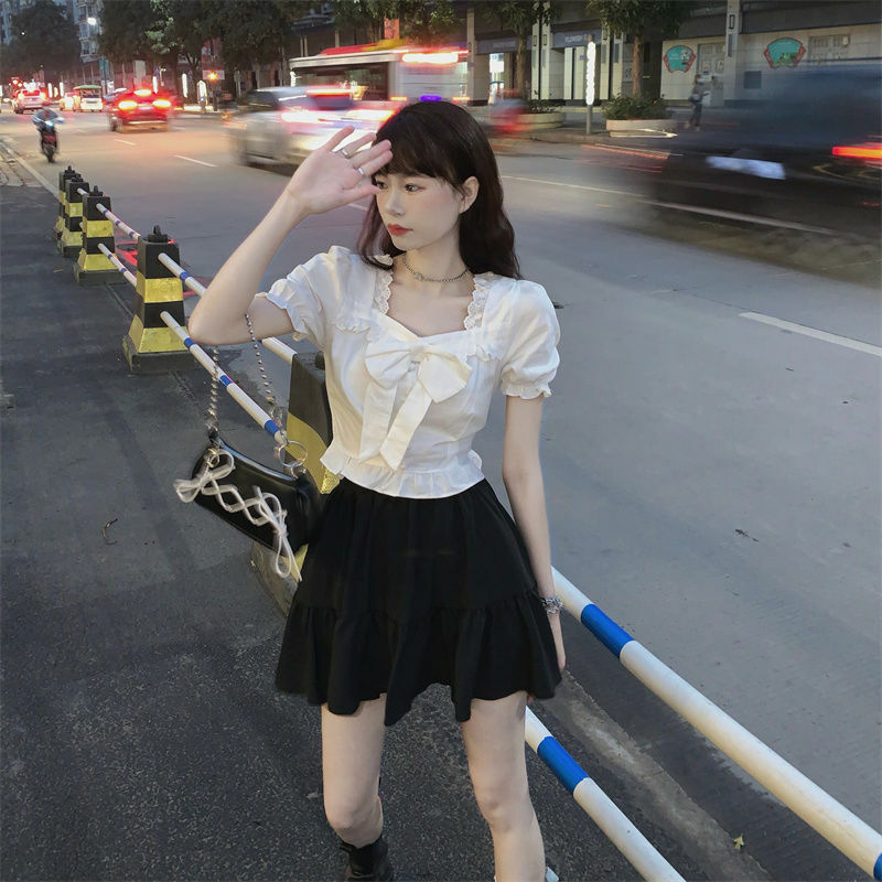 Кружевные рубашки и блузки для женщин, модный топ с коротким рукавом 2000s Y2k, рубашки с квадратным воротником, Молодежные блузки в Корейском стиле с бантом 2024
