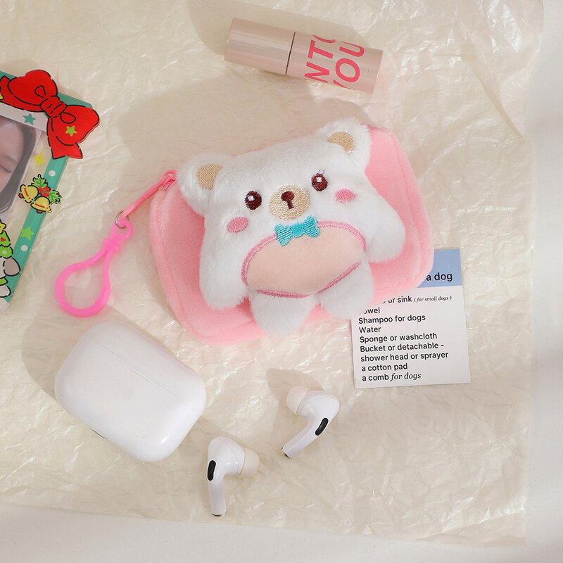 Cute Cartoon Plush Bear Mini Cosmetic Bag, Monocromática Portable Storage Bags, Key Coin Purse, Carteiras Pequenas, Acessórios, Meninas, 2023