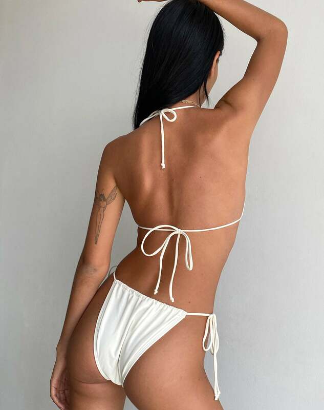 Bikini de Color liso con Tanga para mujer, traje de baño femenino de dos piezas, conjunto de Bikini con lazo lateral, ropa de baño 2024