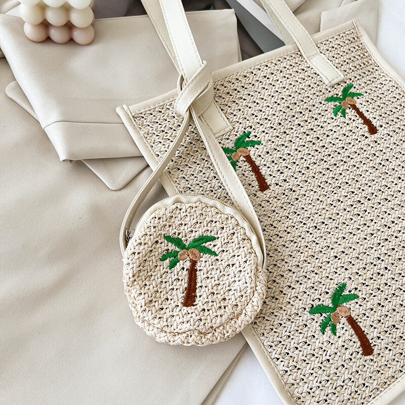 Coconut Palm Embroidery Summer Bag Women's Bag 2022 New Casual Tote Bag Hand Woven Straw Shoulder Bag