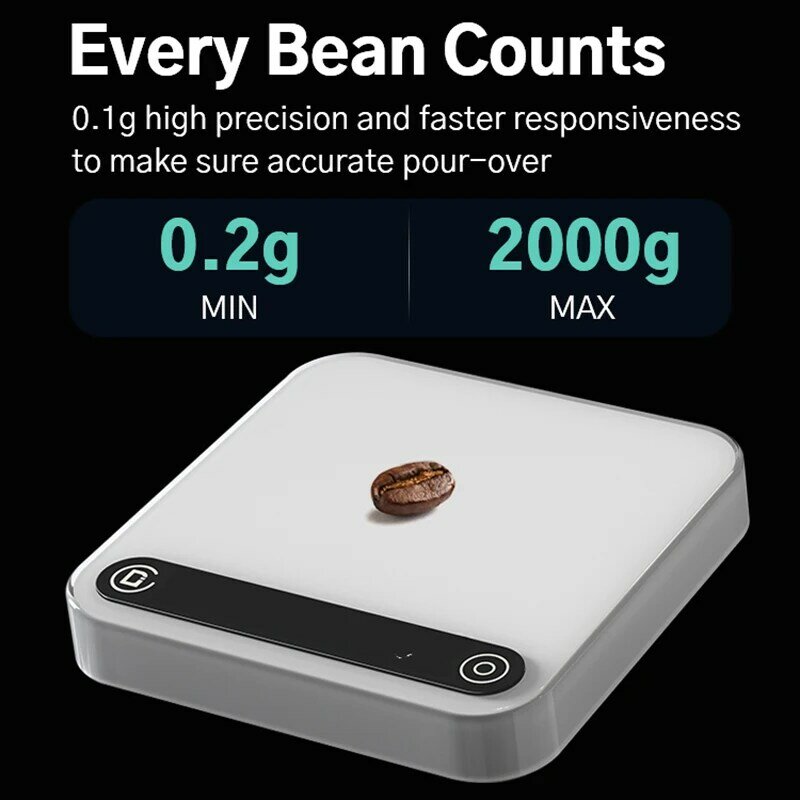 Difsend-디지털 커피 주방 저울 고정밀 전자 저울 자동 타이머 0.1g / 2kg 에스프레소 원두 무게 타이밍, 주방용 저울 커피콩