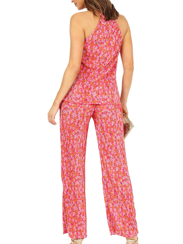 Conjunto informal de 2 piezas para mujer, camiseta sin mangas con cuello Halter, pantalones florales de Color sólido, ropa de calle