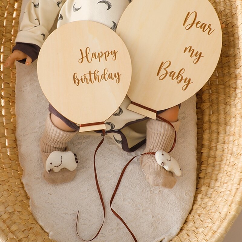 Baby Balloon Milestone Number Monthly Memorial Month Card Newborn Baby Wooden Engraved Age Photography Accessories Birthing Gift
