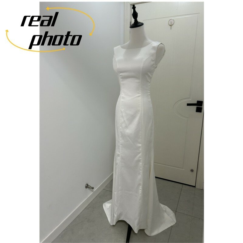 Gaun pernikahan putri duyung sederhana baru gaun pengantin tanpa lengan leher-o klasik manis Satin lembut elegan panjang selantai
