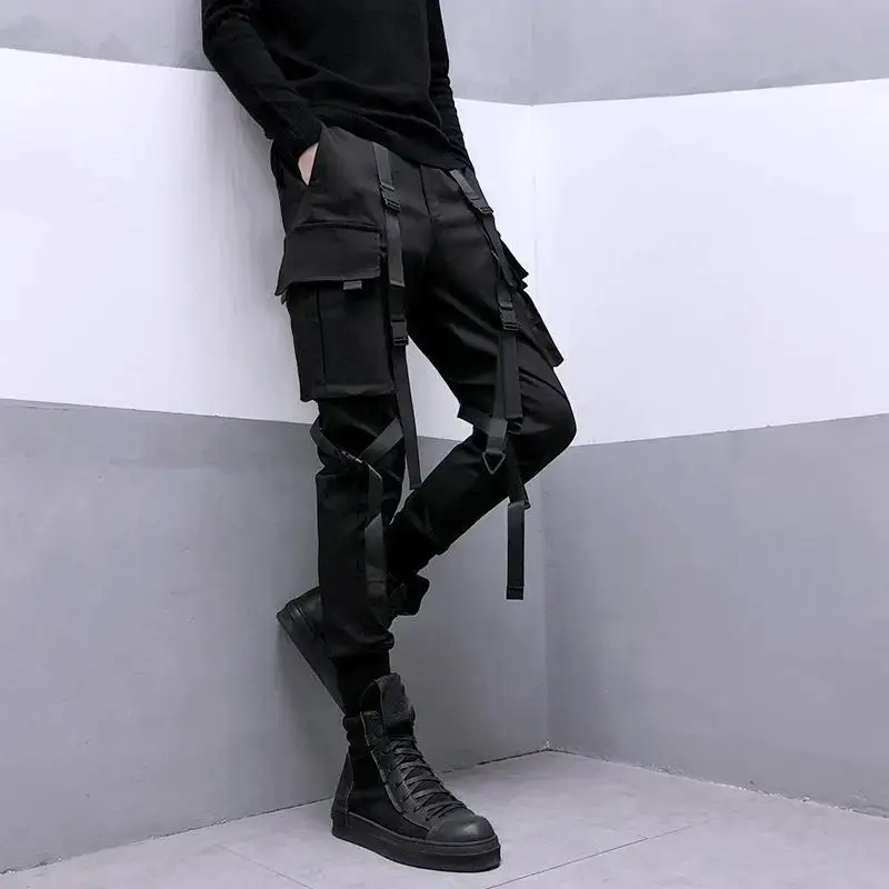 HOUZHOU Techwear pantaloni Cargo neri per uomo pantaloni Cargo uomo Streetwear giapponese Hip Hop Spring Ribbon Pocket Harajuku Fashion