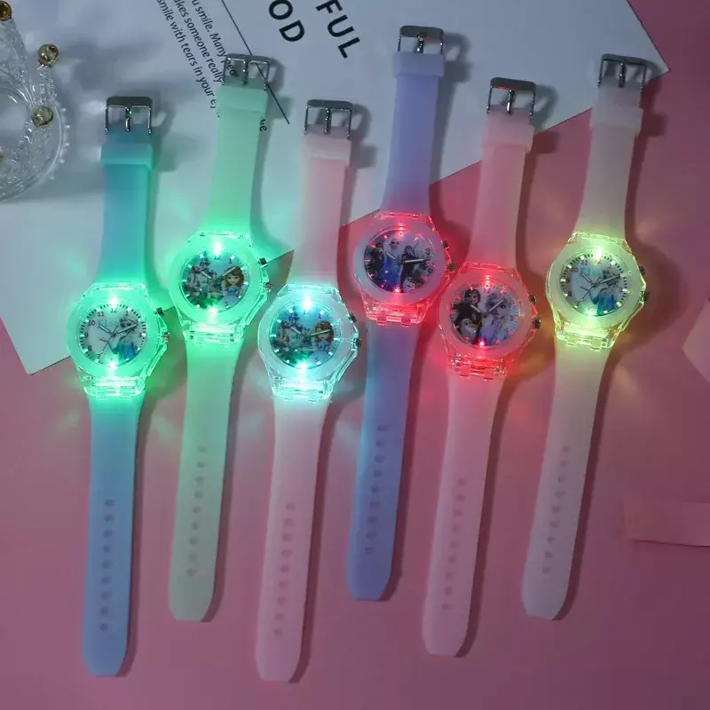 Disney-Reloj de pulsera de cuero con luz Led brillante para niños, cronógrafo de cuarzo con diseño de princesa de Frozen, regalo de Navidad