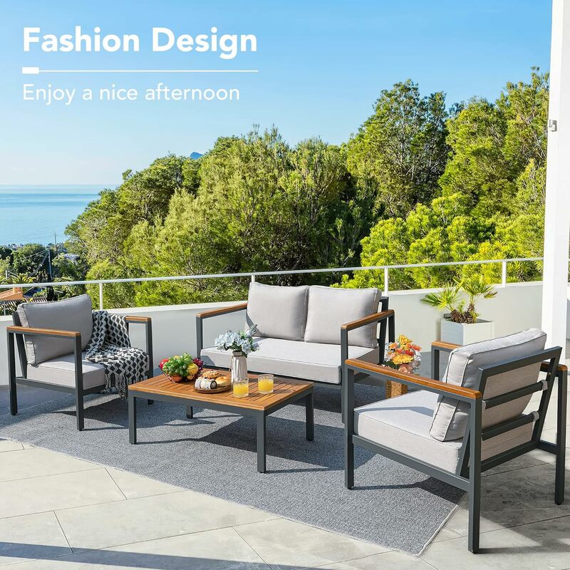 4 Pieces Patio Furniture Sets Outdoor Conversation Set Acacia Wood Sofa Set with Coffee Table Thicker Sponge Cushion
