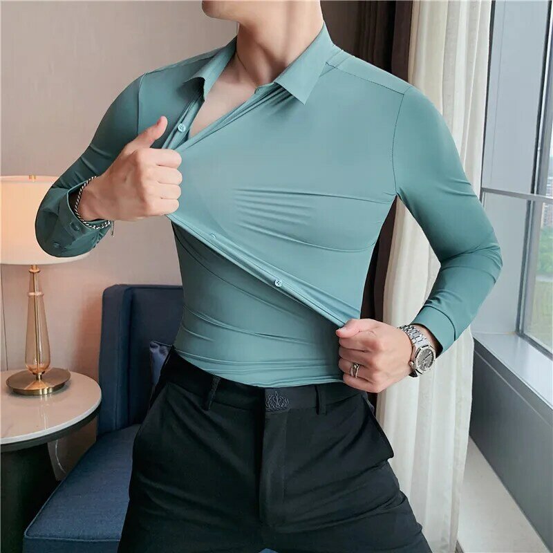 Kaus Polos Elastisitas Tinggi 4X L-m Ukuran Plus Kaus Mewah Kasual Ramping Kualitas Terbaik Lengan Panjang Pria Kemeja Gaun Formal Sosial