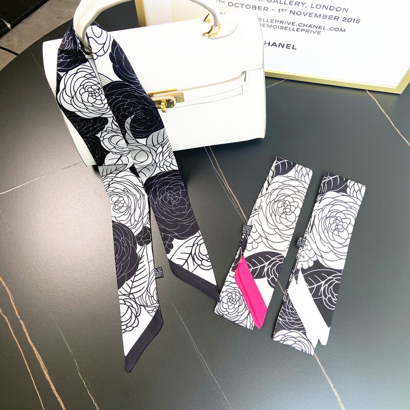 Grande marca 95cm * 5cm rosa stampato borsa cinturino sciarpa nero bianco donna sciarpa di seta fascia sciarpe lunghe borsa accessori nastro