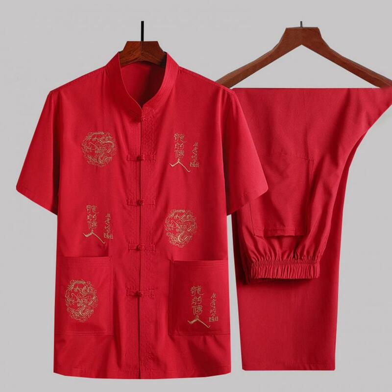 Herren Anzug im chinesischen Stil Retro Chinese Tang Anzug Set für Männer mittleren Alters Stehkragen Hemd bestickt Top Hose mit weitem Bein