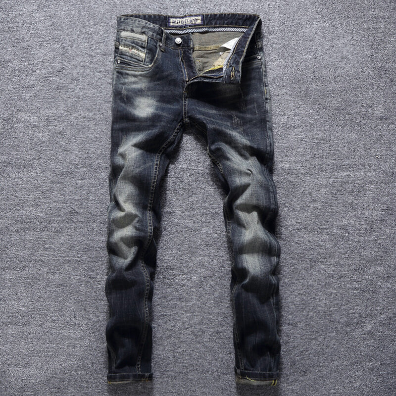 Jeans Pria Fashion Gaya Italia Jeans Sobek Ramping Elastis Hitam Biru Retro Kualitas Tinggi Celana Denim Desainer Antik Pria Hombre