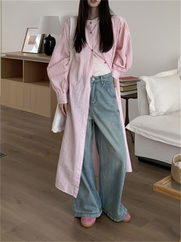 Alien Kitty corea camicie lunghe Oversize donna Chic Stripes 2024 New Loose Summer Office Lady Retro High Street Daily Casual