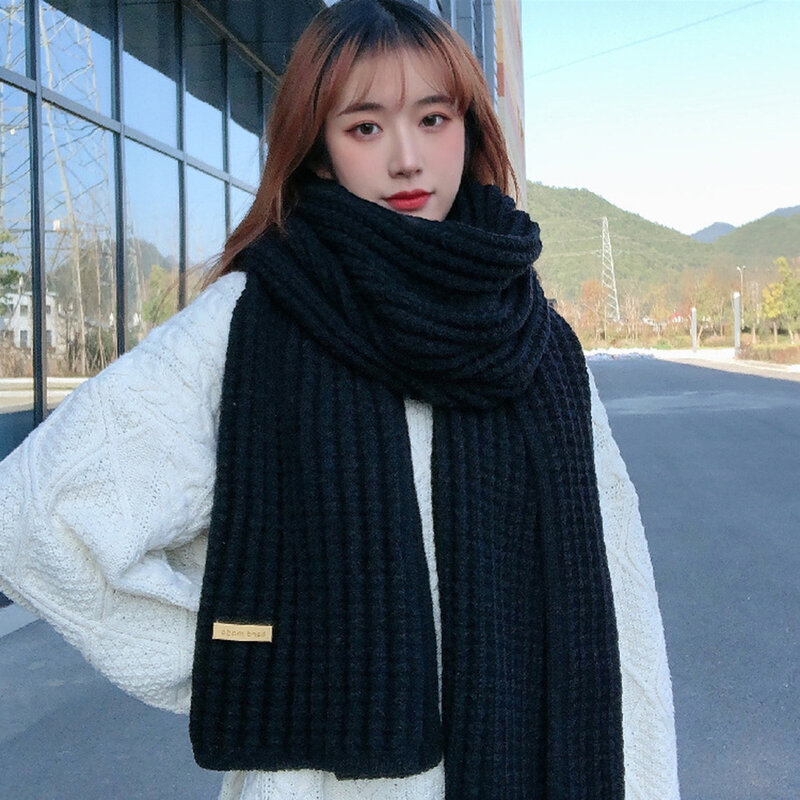 Модный зимний теплый вязаный шарф для мужчин и женщин, однотонный утепленный шейный платок для улицы, винтажные шарфы, длинные шарфы, накидка на шею