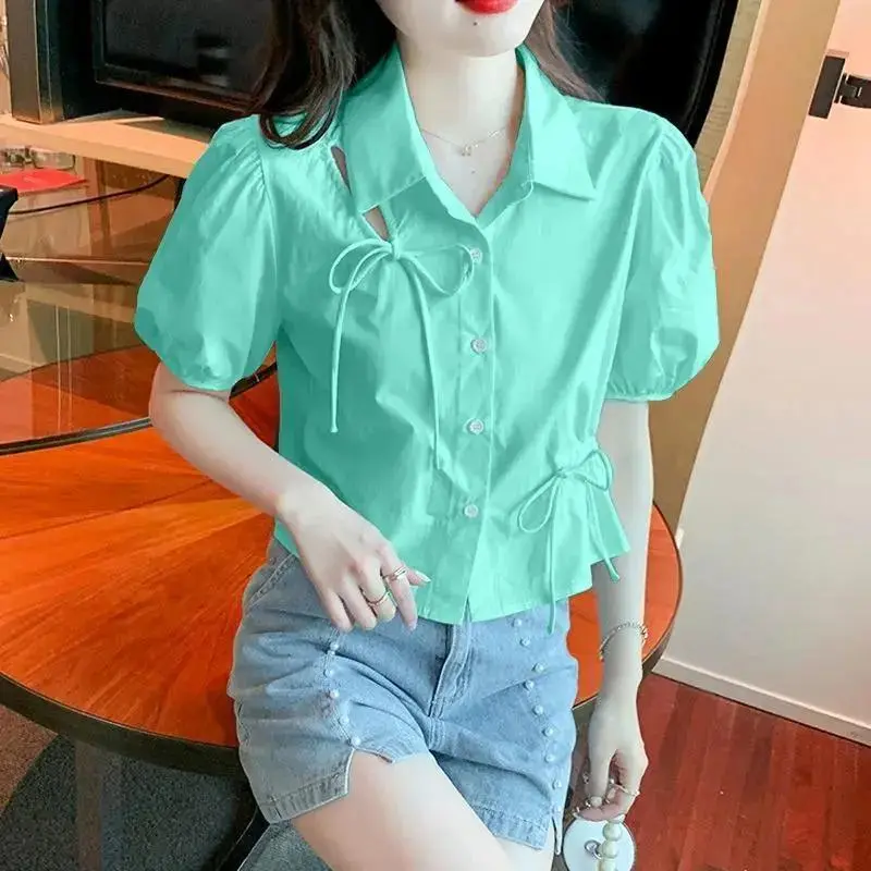 Women Clothing Y2K Kawaii Sweet Hollow Lace Up Button Shirt Summer Trendy Solid Short Sleeve Slim Blouse Chic Casual Tops Blusas