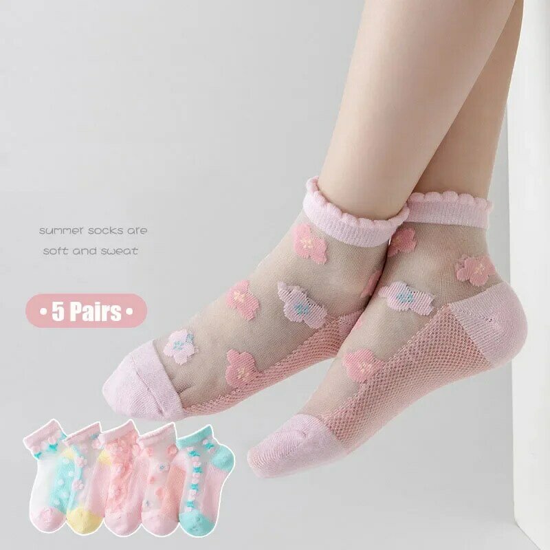 5 Paare/los Mädchen Socken Sommer Atmungsaktive Kinder Kurze Knöchel Socken Kinder Weiche Baumwolle Spitze Prinzessin Cartoon Stil Mesh Socken