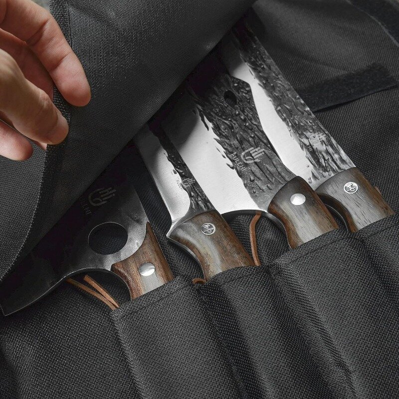 Alto aço carbono Chef faca conjunto com bainha, faca de escultura, punho completo, cutelo vegetal, agregado familiar com saco de faca, 17 pcs