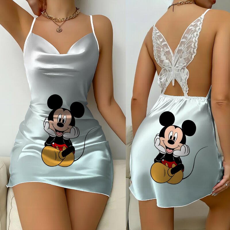 Gaun Mickey Backless Gaun wanita pita kupu-kupu gaun Disney piyama rok Minnie Mouse permukaan Satin mode Musim Panas 2024 pesta Mini seksi