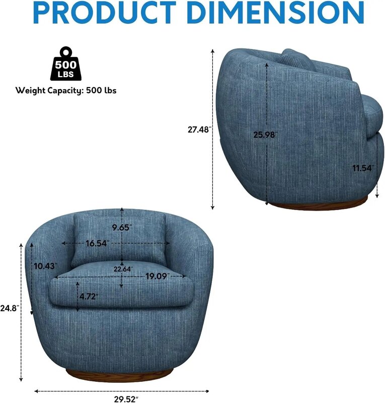 Rodada cadeira giratória Accent Poltrona, Tecido moderno estofados cadeiras para sala e quarto, 360 graus giratória