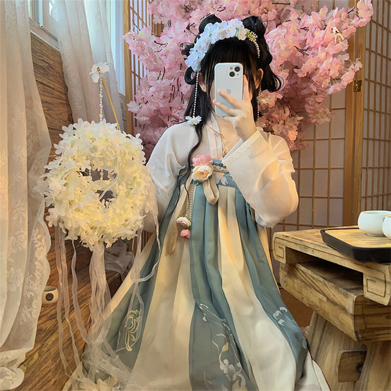Rok Dinasti Tang Ru gaun pesta peri wanita, gaun pesta Hanfu tradisional Cina elegan cetak bunga ditingkatkan