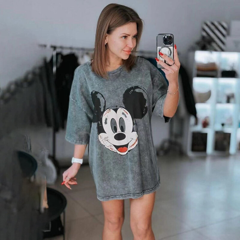 Cartoon Mickey T-Shirt Women's Short Sleeved Large Loose Casual Lazy Style Round Neck Medium Length Top