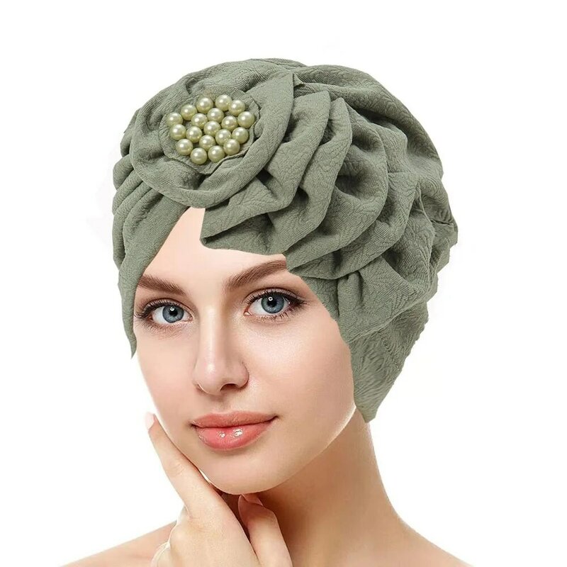 ChimeFront Ruffle Hijab Cap for Women, Pearl Decor, Big Flower Bonnet, Musulman Turban Hat, Turkish Sauna planchers f, Undercap, Round Head, 2024