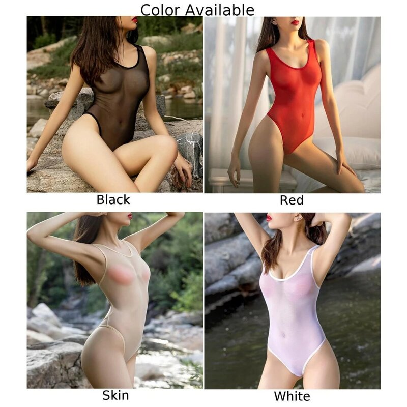 Bodysuit ultra fino transparente feminino, lingerie de malha pura, tangas de corte alto, elasticidade sem encosto, macacão, roupa erótica