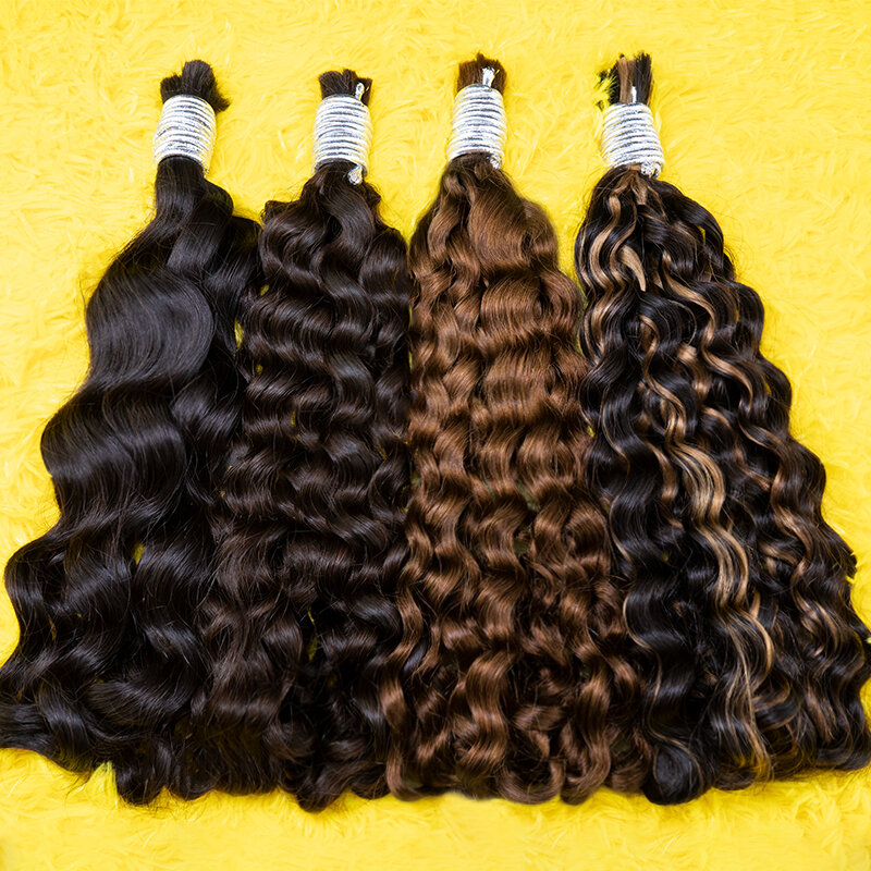 Extensiones de cabello humano a granel, mechones de pelo brasileño Remy, ondulado, sin trama, color negro, venta al por mayor