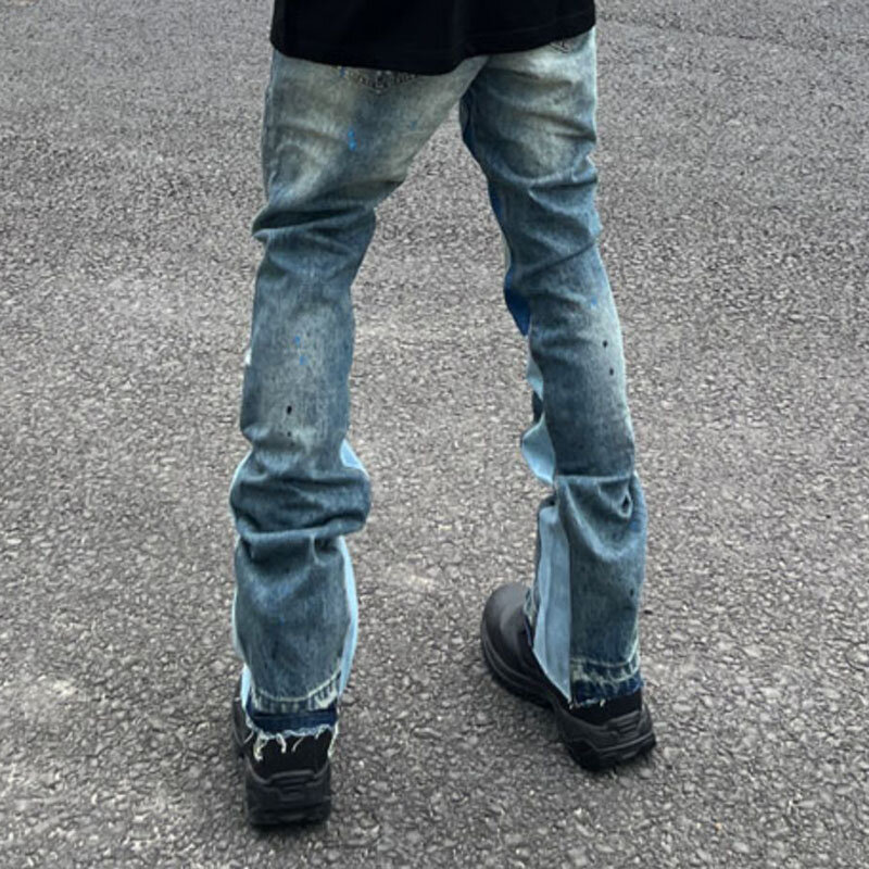High street retro tinta respingo retalhos jeans rasgados flare calças masculinas e femininas em linha reta casual oversized solto denim calças