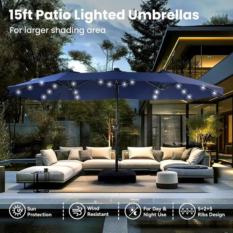 Grand parapluie de terrasse solaire à LED, 36 lumières LED, support de parapluie inclus, 15 pieds