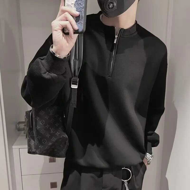 Camisola masculina casual coreana com zíper, pulôver masculino solto que combina com tudo, roupas de streetwear monocromáticas, primavera, outono
