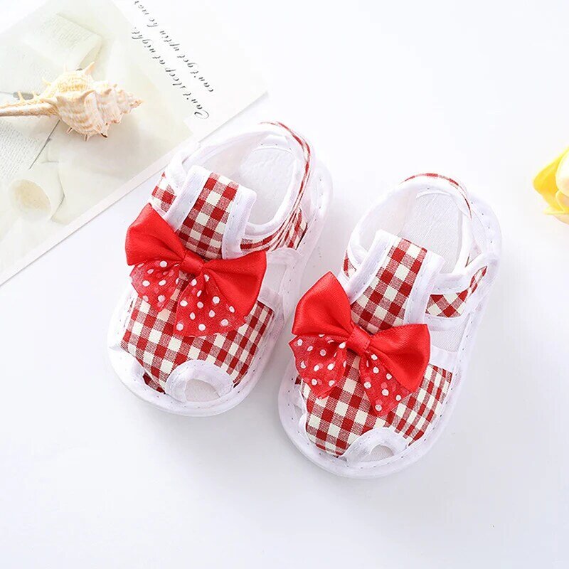 2022 New Arrival Baby Girl Summer Sandals Plaid Print Bow Non-slip Shoes Bottom Prewalker Toddler  Sandals