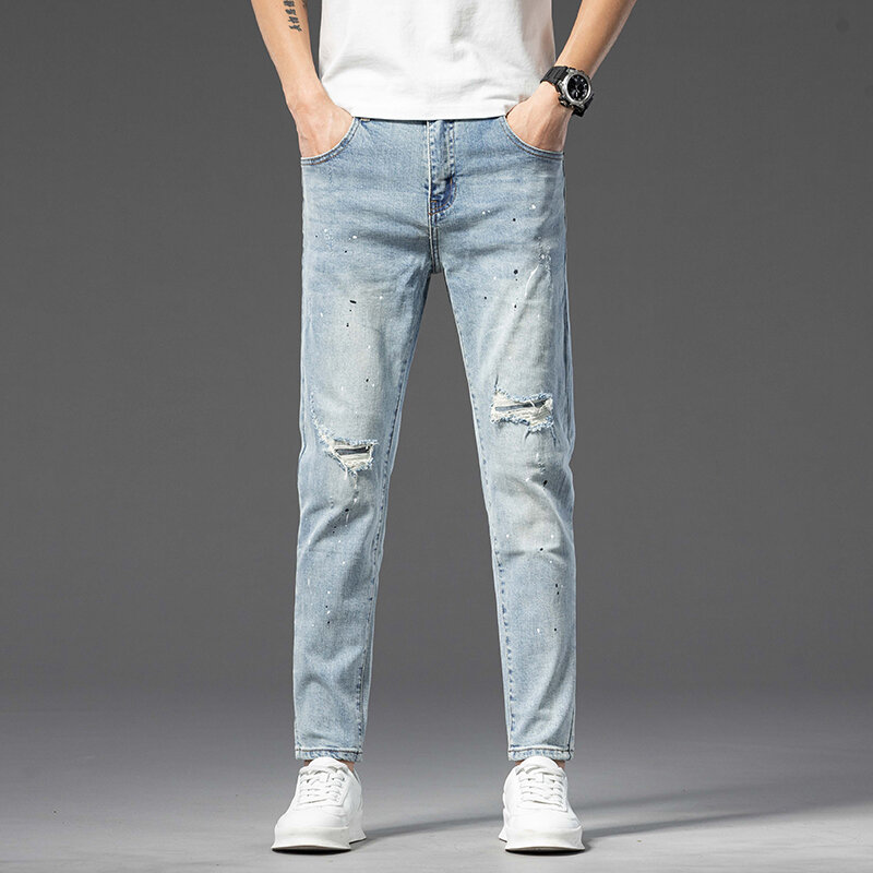 Celana koboi Streetwear Denim katun elastis desainer musim panas mewah untuk pria jins ramping Boyfriend modis dan nyaman