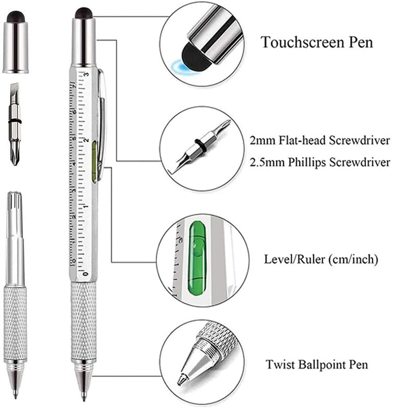 7 in1 Multifunction Ballpoint Pen With Modern Handheld Tool Measure Technical Ruler Screwdriver Touch Screen Stylus Spirit Level