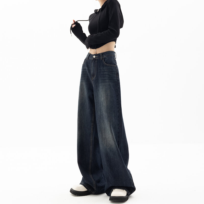 Джинсы-багги HOUZHOU женские в стиле оверсайз, винтажные брюки из денима с широкими штанинами в стиле Харадзюку, уличная одежда, корейская мода, осень