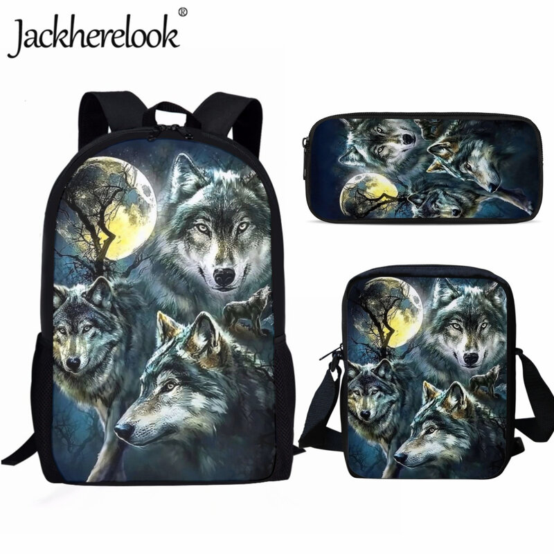 Jackherelook-트렌드 십대 학교 가방 세트, 보름달 늑대 패턴 패션, 대학생, 남아 및 여아 여행 배낭, 노트북 가방