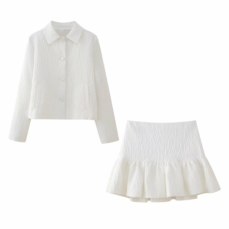 Traje de 2 piezas para mujer, chaqueta de tela con efecto de luz, blusa de manga larga Retro + Pantalones de enagua con cremallera, 2024