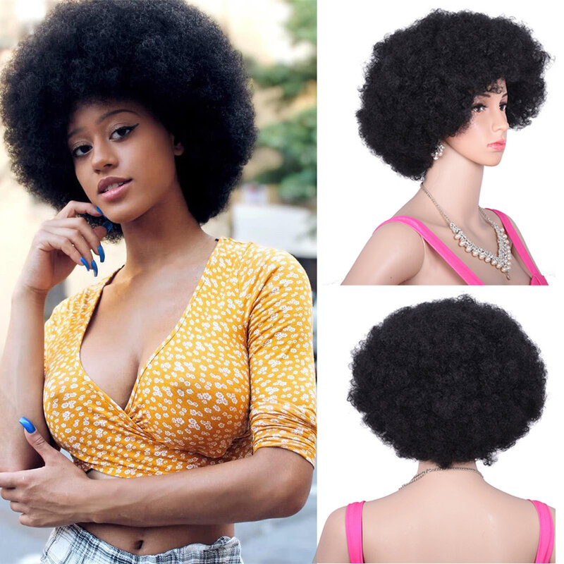 Parrucca riccia Afro crespo sintetica corta con frangia 150g parrucca morbida e soffice per le donne parrucca Cosplay Glueless marrone naturale nero